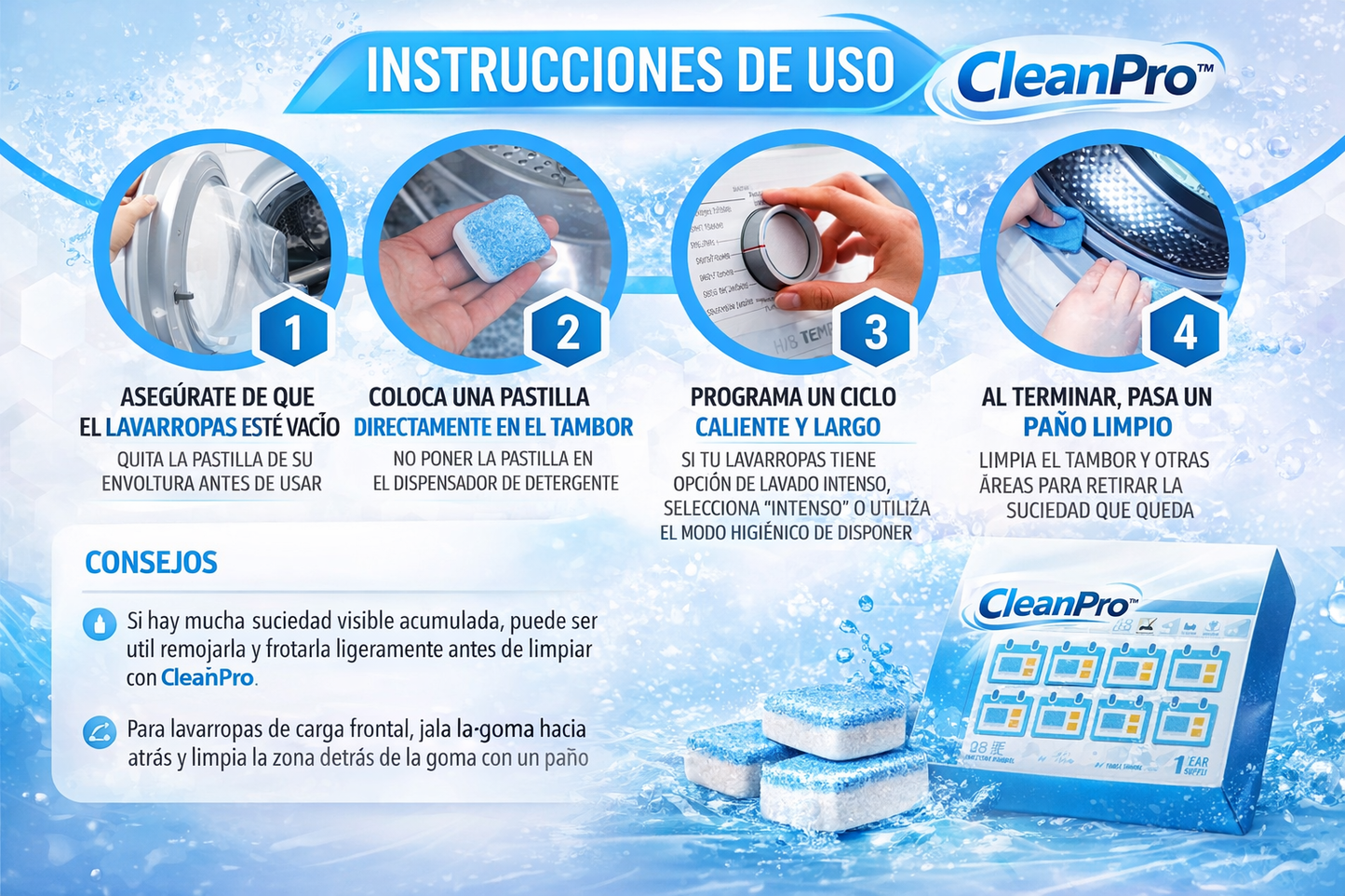 Pack 60 Pastillas Limpiadoras CleanPro™ Para Lavadoras