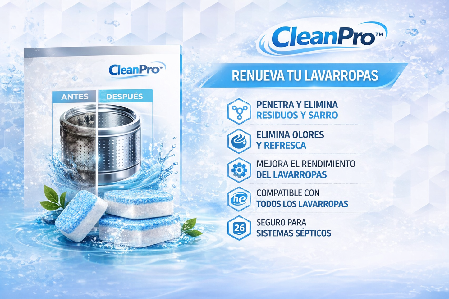 Pack 60 Pastillas Limpiadoras CleanPro™ Para Lavadoras