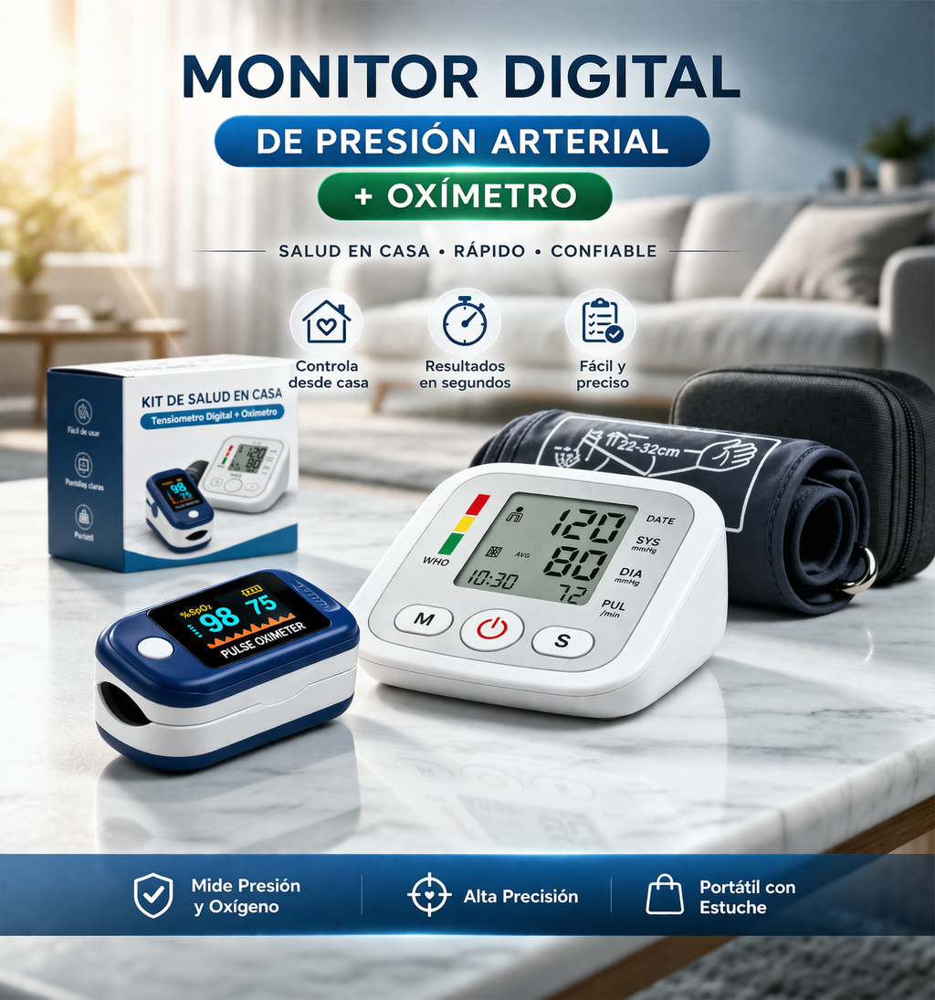 Monitor digital de presión arterial + Oxímetro: Salud en casa