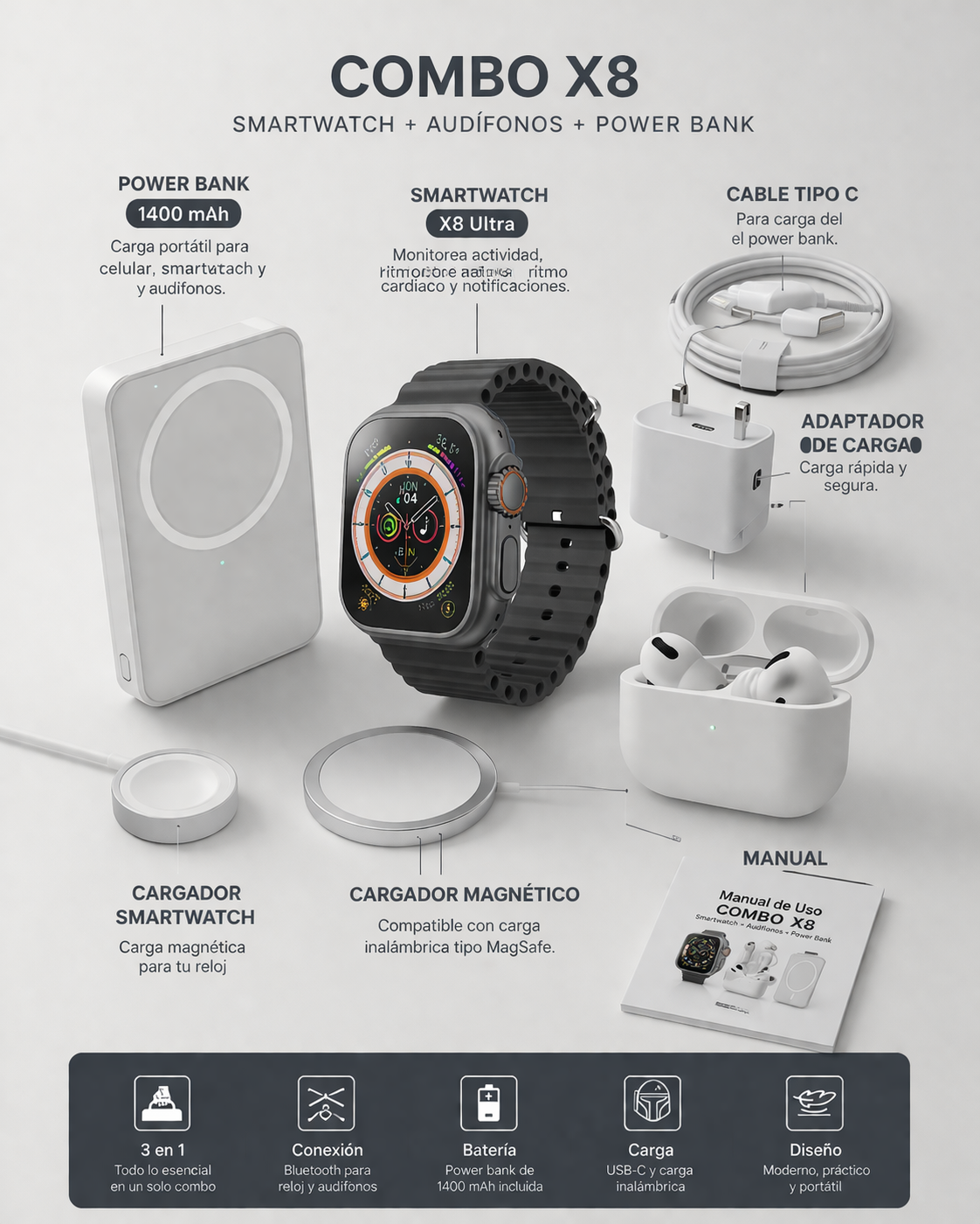 Combo 3 en 1: Smartwatch X8 + AirPods + Power Bank Portátil