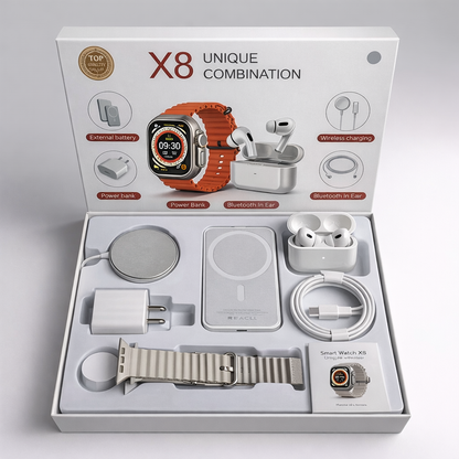 Combo 3 en 1: Smartwatch X8 + AirPods + Power Bank Portátil