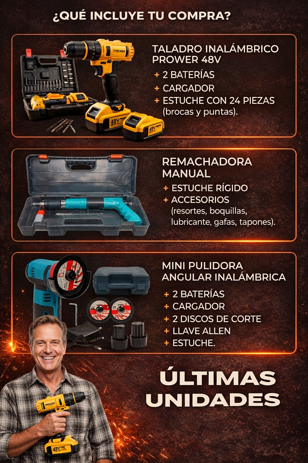 Kit Maestro 3-en-1™ Taladro + Amoladora + Clavadora Profesional