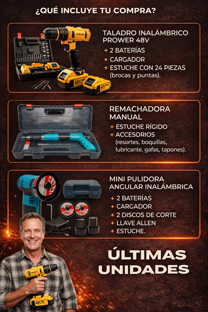 Kit Maestro 3-en-1™ Taladro + Amoladora + Clavadora Profesional
